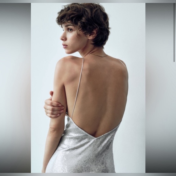 BRAND NEW ZARA Tags Attached MIDI Metallic Silver Dress Size Small stretchy - Picture 4 of 5